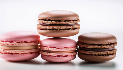 delicious pink and brown macarons stacked together on white background