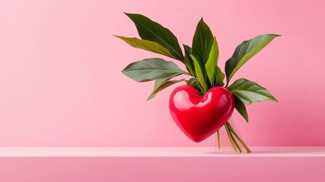 Decorative red heart and green leaves displayed on pink background