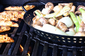 Close-Up of Grilled Chicken and Vegetables on a Barbecue Grill