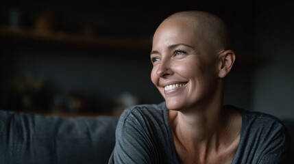 Obraz premium Portrait of a strong, beautiful smiling woman with no hair, cancer survivor, sitting on the sofa in her home.