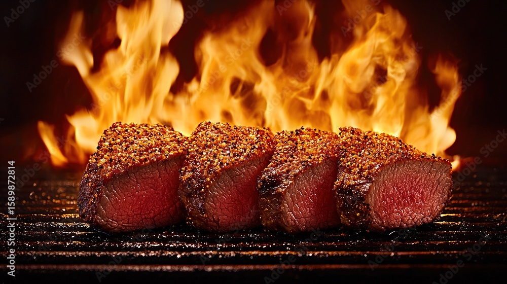 Poster a grilled steak is the focus of this close-up photograph, with the fire in the background adding dep