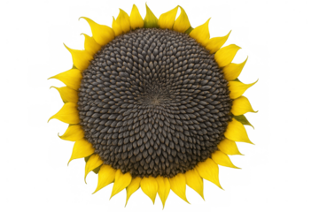 Close-up of a ripe sunflower head, displaying its densely packed seeds, isolated on a transparent background