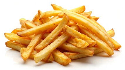 A tasty plate of golden french fries with ketchup on a white background, perfect for a fast-food snack or meal