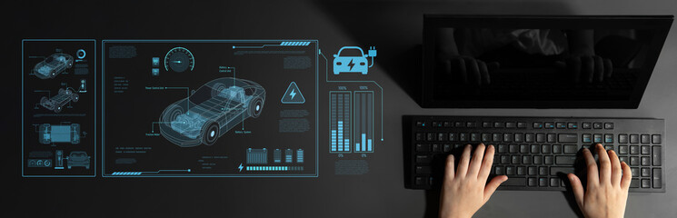 Technical layout of electric vehicle showing battery system, power control, traction motor,...