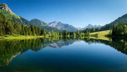mountain landscape reflected in calm lake with lush greenery clear blue sky scenic nature view ideal for travel adventure and outdoor activities
