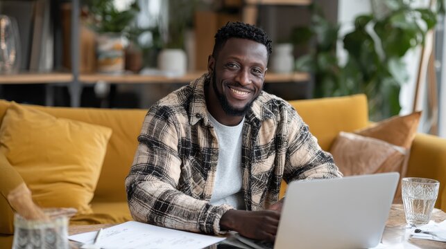 Smiling black man using laptop at home in living room. Happy mature businessman send email and working at home. African american freelancer typing on computer with paperworks and documents on table., - Powered by Adobe