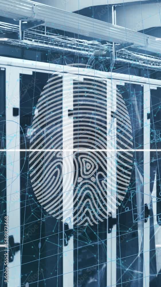 Poster animation of biometric fingerprint scanner and mathematical equations against computer server room