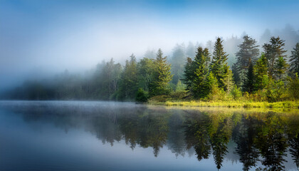 still waters reflect misty forest