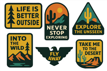 Desert Adventure Badge Set ,Retro Outdoor Patches with Cactus, Mountains, Eagle & Motivational Slogans, Perfect for Stickers, Patches, T-Shirts & Travel-Themed Designs


