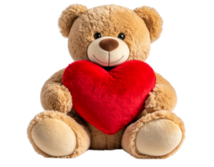  3D Teddy Bear Holding a Heart Pillow, Seated Pose with Soft Shadows, Cute Gift Style