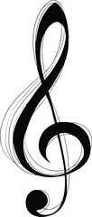 A black and white sketch of a treble clef with artistic line variations and bold shading elements