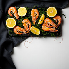 Overhead rich seafood board with fresh shrimp, lemon wedges, and seaweed, on dark textured backdrop. Dramatic side light copy