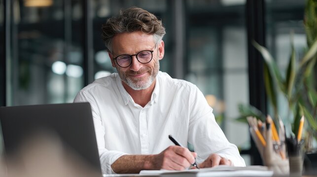 Happy mature executive ceo manager using laptop writing notes in notebook at workplace. Smiling middle aged business man working in office analyzing financial data doing research., no logos, no brand