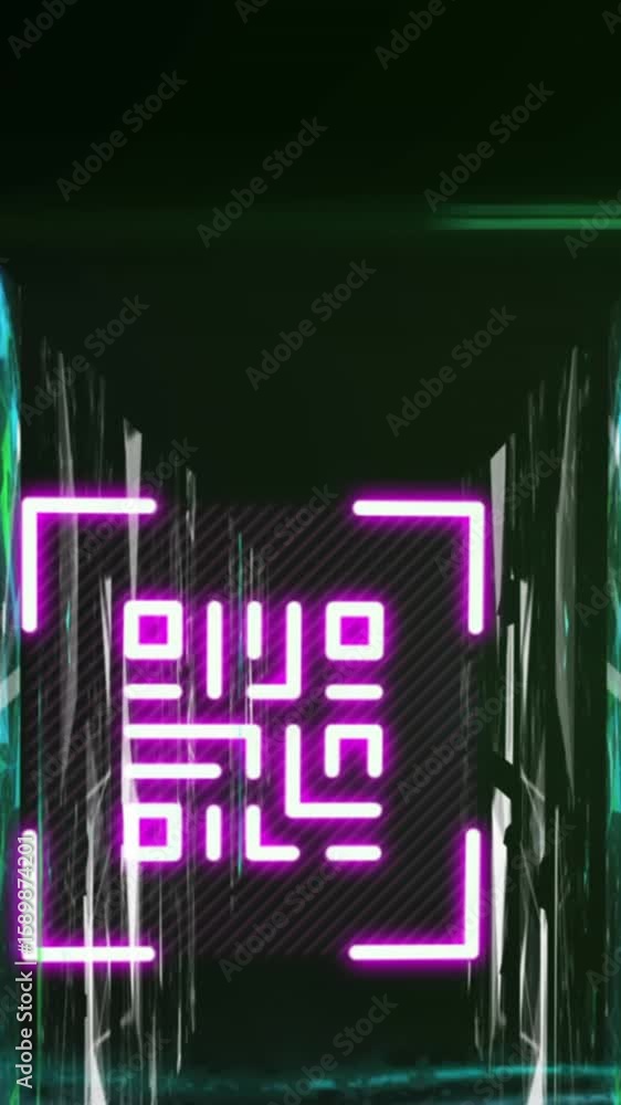 Poster animation of dots connected with lines and forming geometric shapes and blinking qr code