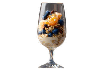 A glass of Greek yogurt with granola, oranges and blueberries on a transparent background