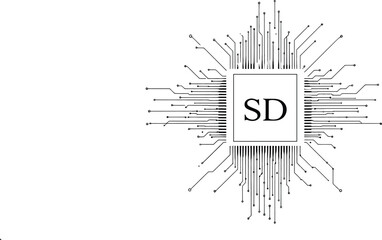 A detailed black and white illustration of a microchip with the letters sd in the center square