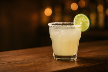 Refreshing margarita cocktail with lime and salt on wood bar surface