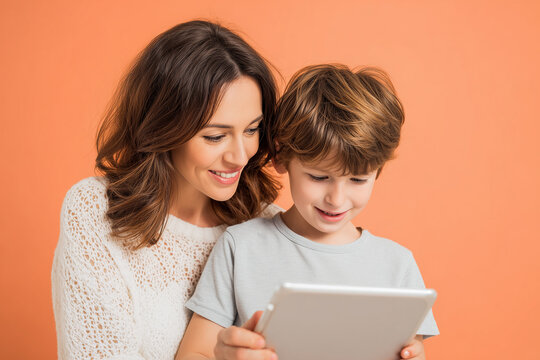 A loving mother and her son happily learning together using a tablet in bright natural light