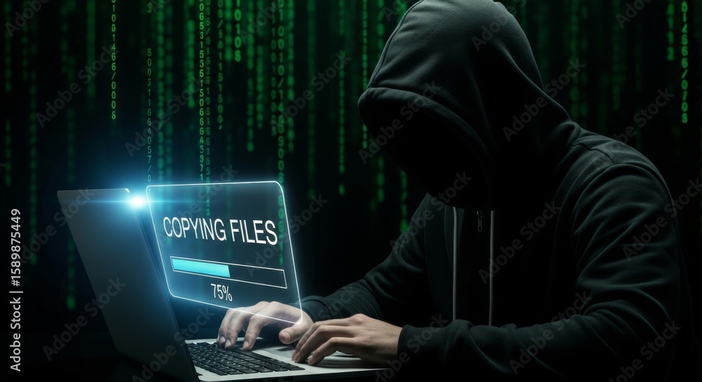 Poster a hooded figure types on a laptop with a glowing screen displaying copying files and a progress bar