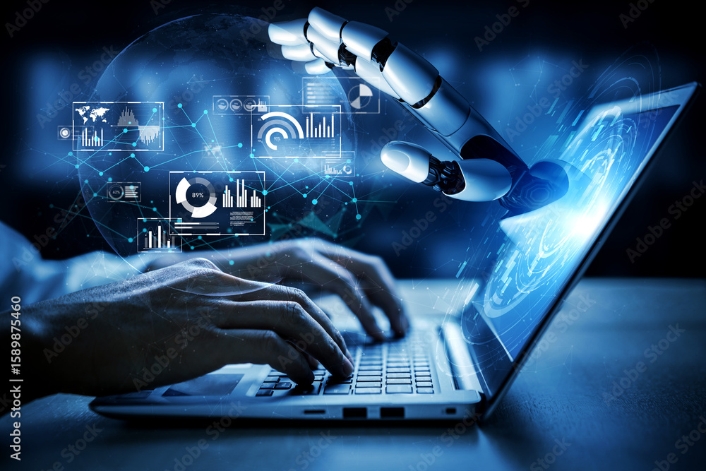 Poster ai artificial intelligence drives data analytics with predictive models, smart dashboards, and virtu