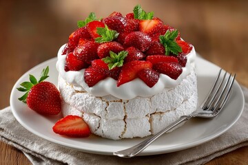 Deliciosa pavlova de fresa casera presentada en un elegante plato blanco con fresas frescas y hojas de menta