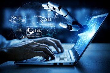 AI artificial intelligence drives data analytics with predictive models, smart dashboards, and...