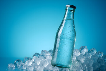 Refreshing water bottle on ice cubes for summer hydration concept art