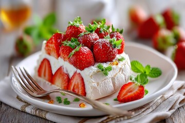 Porción de pavlova de fresa casera con crema y menta en un plato blanco