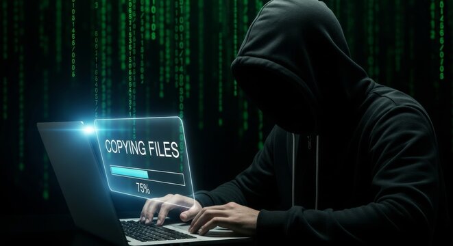 A hooded figure types on a laptop with a glowing screen displaying copying files and a progress bar