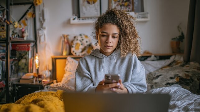 Mixed race teen school girl distant school or college student virtual remote e learning using mobile phone app and laptop in bedroom. Distance education classes, studying online at home concept., no 