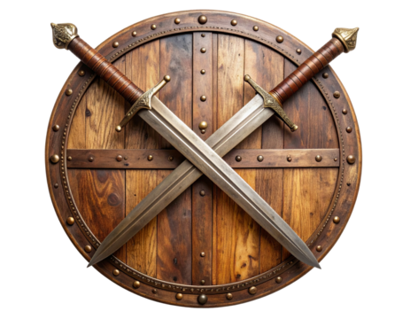 Ancient Crossed Swords on Weathered Wooden Shield, Decorative Battle Emblem, 3D Render, Isolated PNG