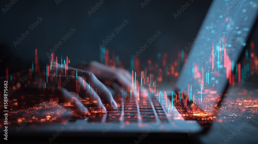 Poster algorithmic trading concept with virtual screen with growing stock market candlestick and circuit at