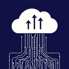 White cloud with black arrows and circuit board lines on a black background illustration image