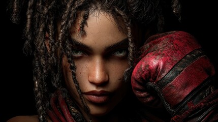 A woman with dreadlocks and a boxing glove