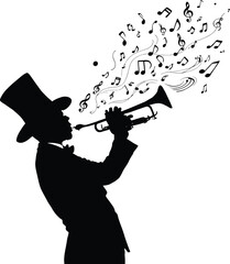 Silhouette of a man in a suit and top hat playing the trumpet with musical notes floating out of it