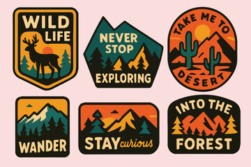 Wild Adventure Badge Set,  Retro Wilderness Patches with Desert, Mountains, Forest & Motivational Quotes,  Perfect for Stickers, Patches, T-Shirts & Outdoor Lifestyle Designs