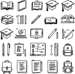 25 education-themed black and white line icons such as books, graduation cap, online class, pencil, ruler, blackboard, test paper, and backpack. Use a clean but organic sketch line style 1.eps
