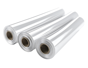 Three rolls of clear plastic film on cardboard cores isolated on transparent background