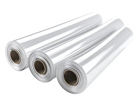 Three rolls of clear plastic film on cardboard cores isolated on transparent background