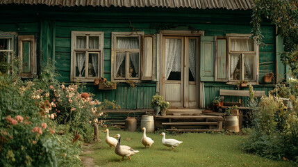 Urokliwa zielona, drewniana chatka babci na wsi. Po podwórku radośnie biegają białe gąski, tworząc sielski, nostalgiczny krajobraz rodem z dawnych lat.