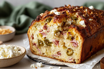 Savory quick bread with ham, jalapeño, and feta cheese, delicious homemade loaf, perfect for brunch or appetizer
