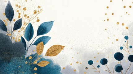 Winter background vector. Hand painted watercolor and gold brush texture, Flower and botanical leaves hand drawing. Abstract art design for wallpaper, wall arts, cover, wedding and invite card., no l