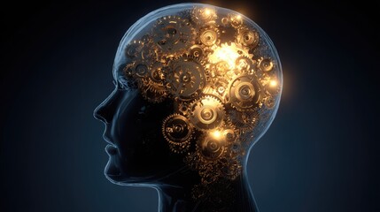 Fototapeta premium Human head, gears, and glowing lights inside, profile view