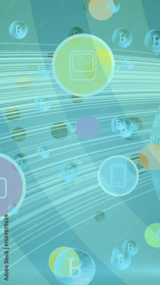 Poster animation of globe with network of connections with data processing and bitcoin sign