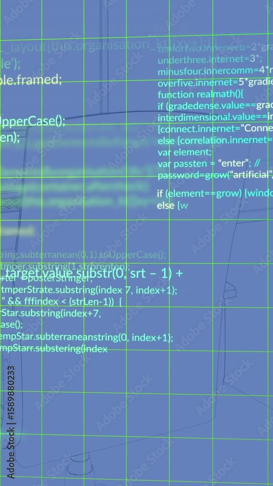 Poster animation of data processing over grid network against office desk sketch on blue background