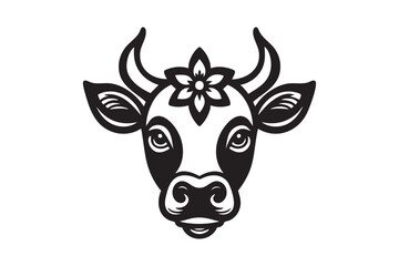 Sacred Cow Head Silhouette with Floral Ornament – Vector Illustration