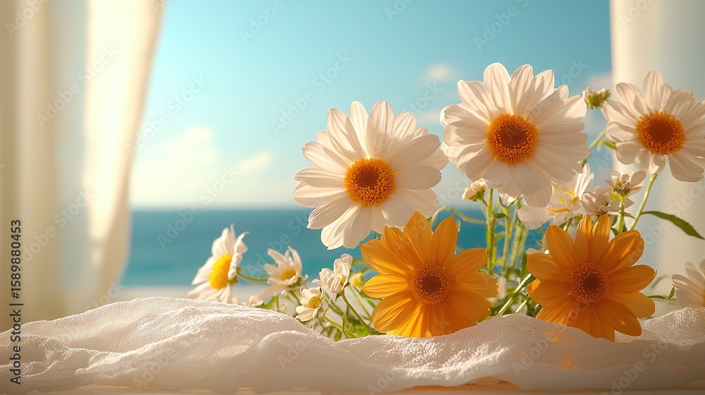 Poster a bouquet of daisies in front of a window with an ocean view in the background
