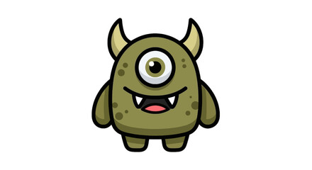 Fototapeta premium Cute cartoon monster with one eye and horns, smiling and standing.