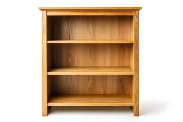 Empty wooden bookcase with three shelves isolated on white background, furniture for home storage