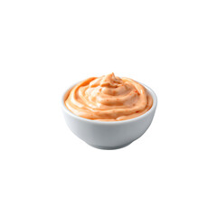 white Bowl of sriracha mayo dip sauce isolated on a transparent background, in a PNG format